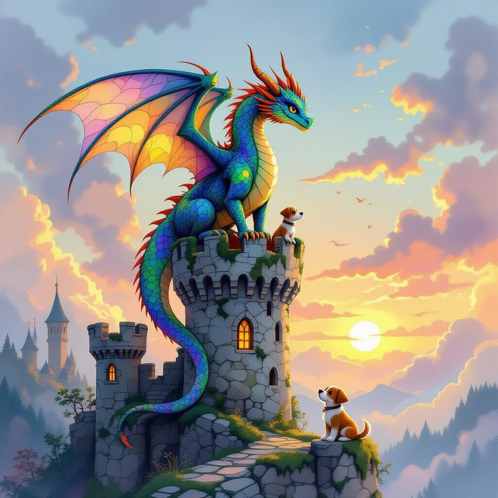 Iridescent Dragon Above Castle with Puppy, Whimsical Fantasy...