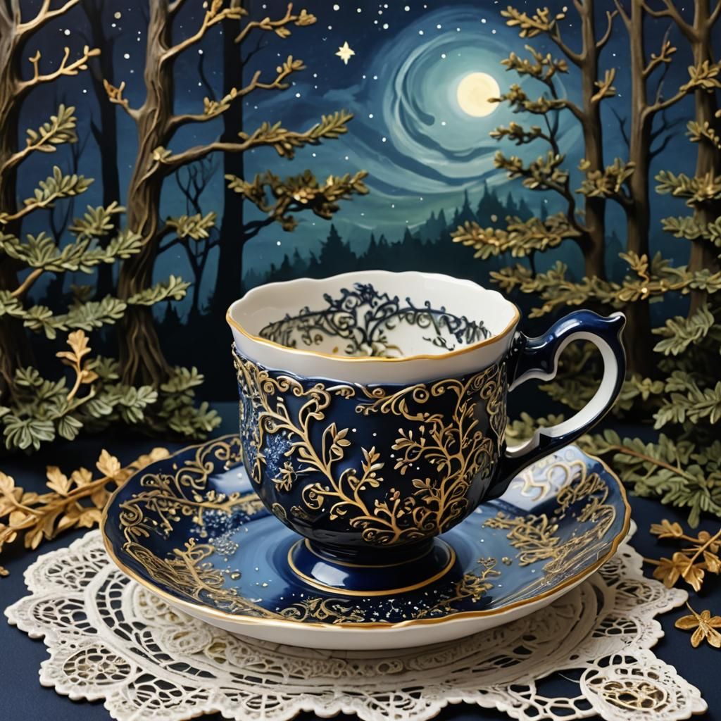 Midnight Blue Teacup Under Starry Sky