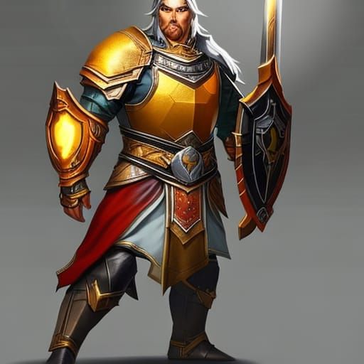 Aasimar Paladin with Sword and Shield in Hyperrealism