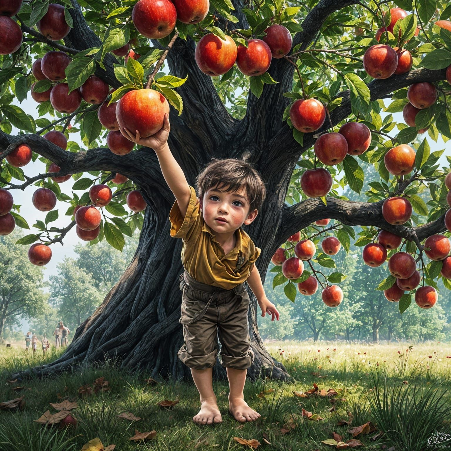 Boy Reaches for Apple Under Autumn Tree