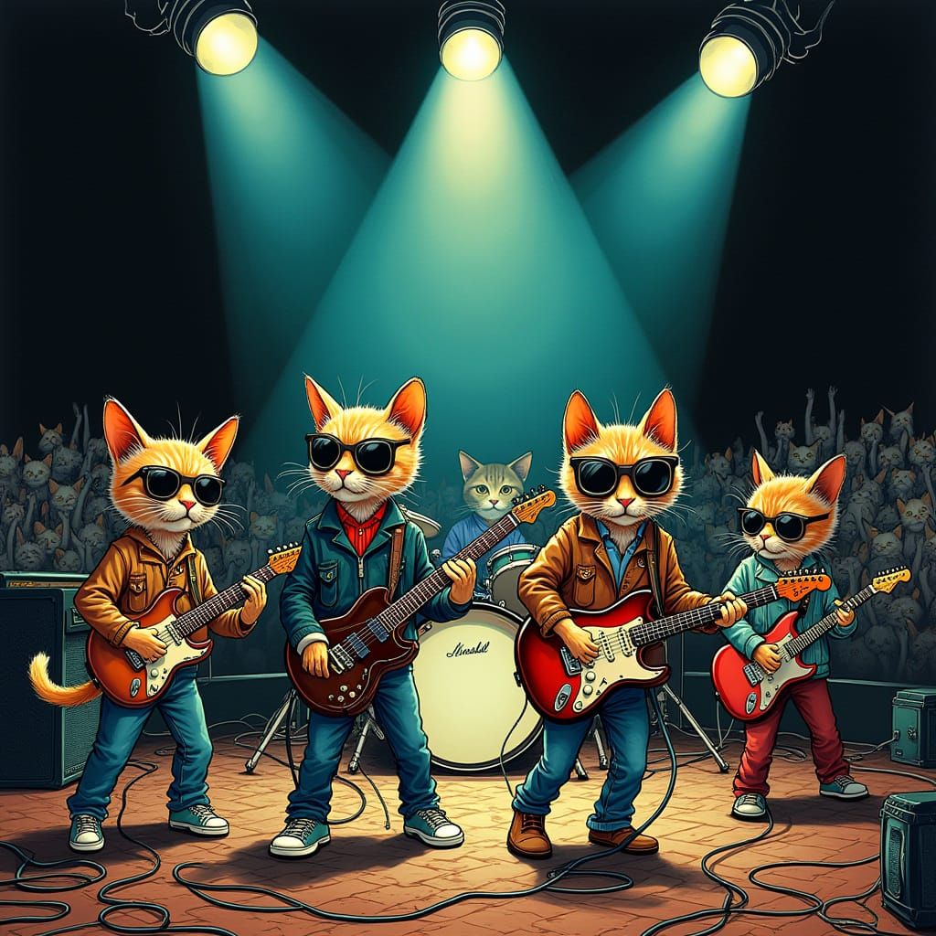 Feline Rockers on Stage in a Surrealist Concert Scene