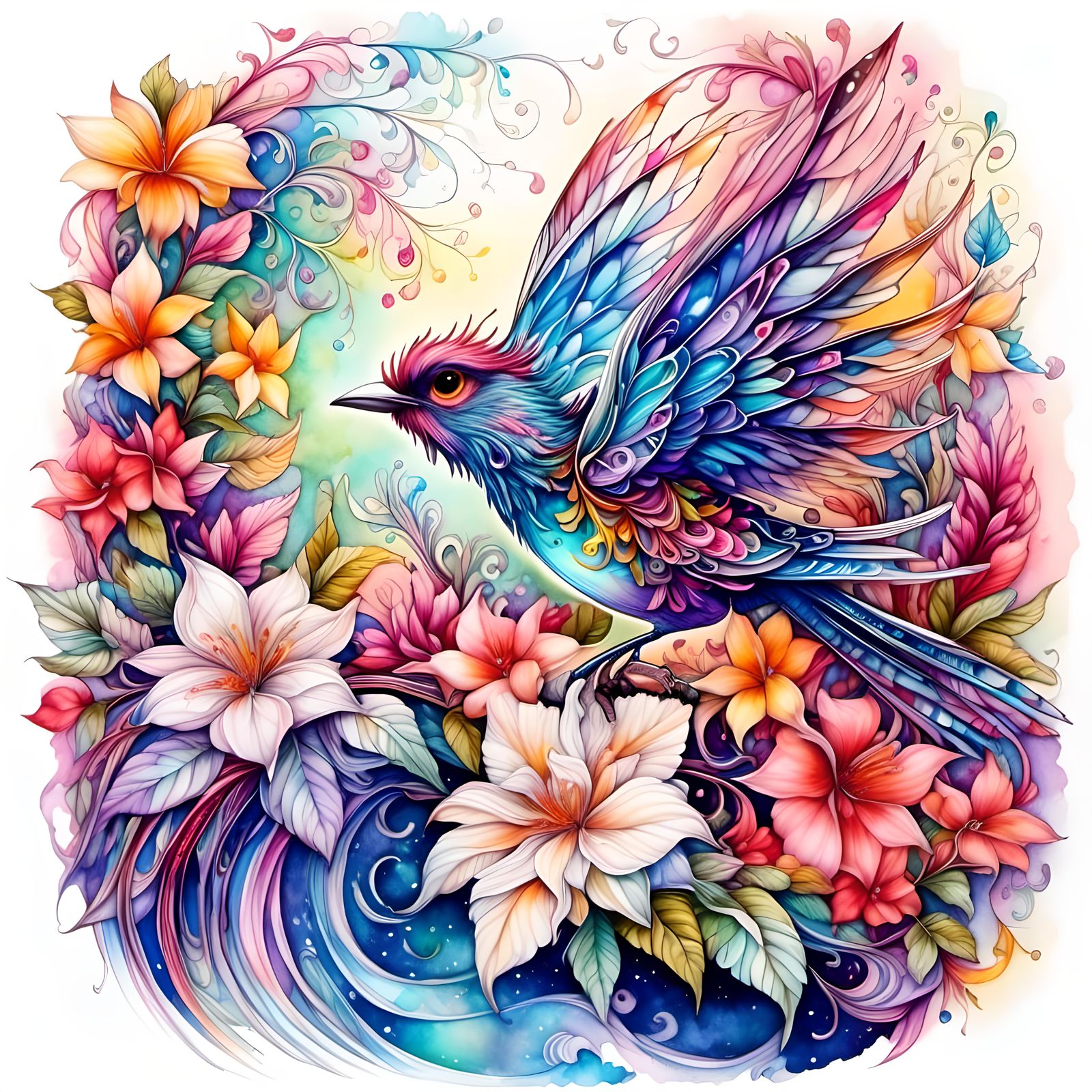 <lora:Dalle 3 lora 1:1.0> Whimsical fantasy bird, shimmering beautiful wings that glimmer in the light, flying over a ri...