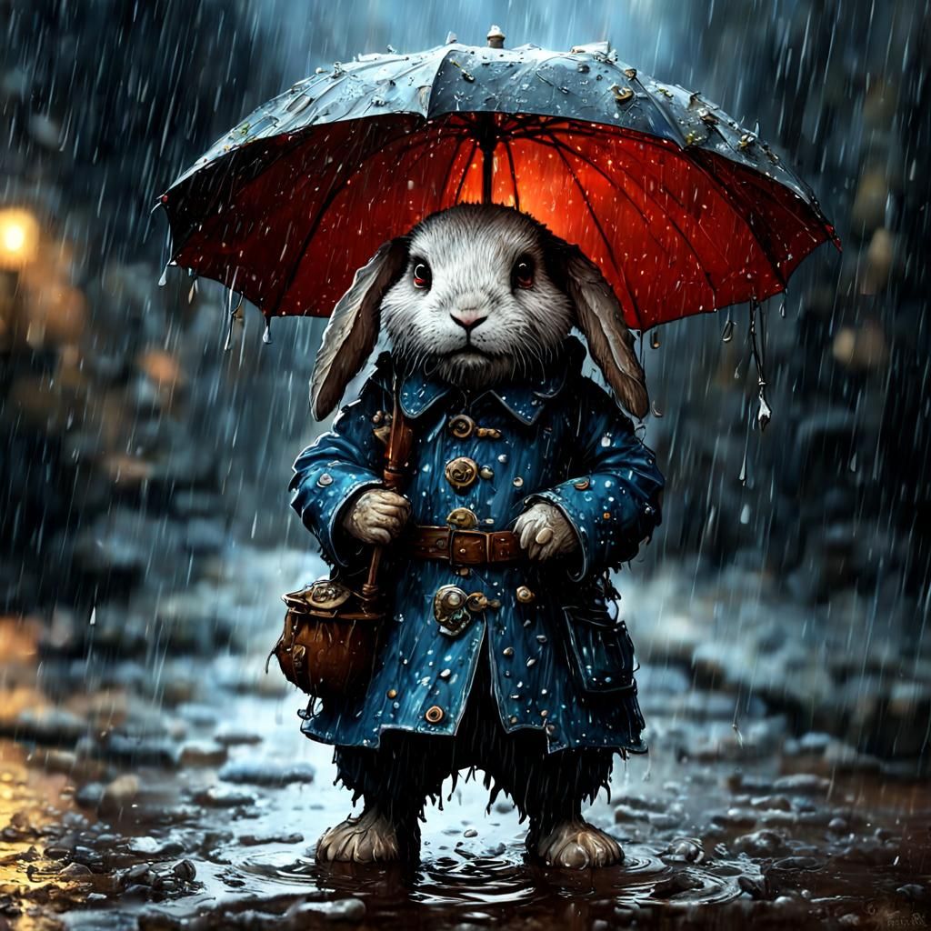 Sad Rabbit Teddy in Rain, Fantasy Digital Painting