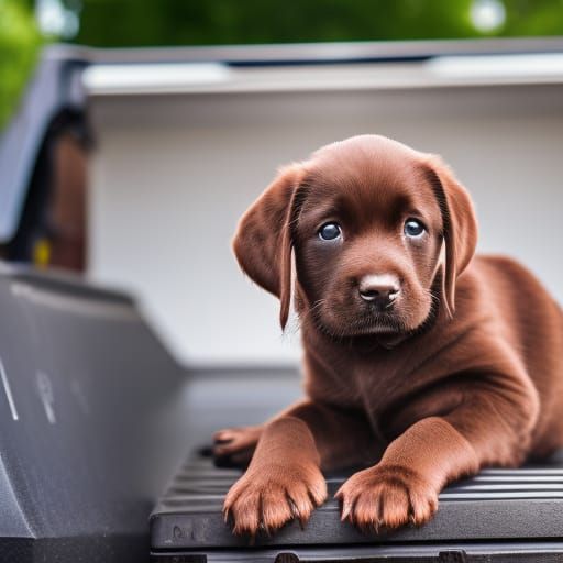 Chocolate Lab Puppy Rides in Truck Bed