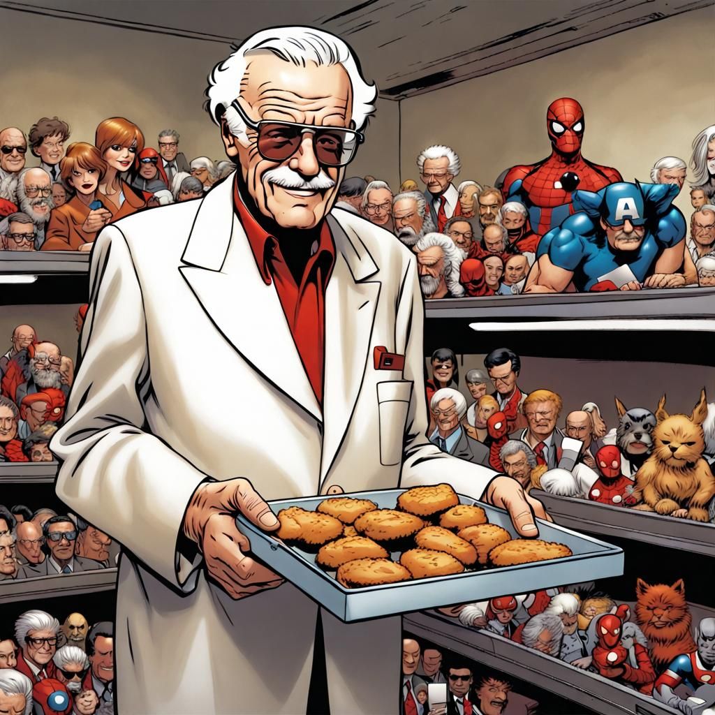Imagine Stan Lee but dressed as Colonel Sanders holding a tray of miniature Marvel characters. (Stan Lee: 1.9)