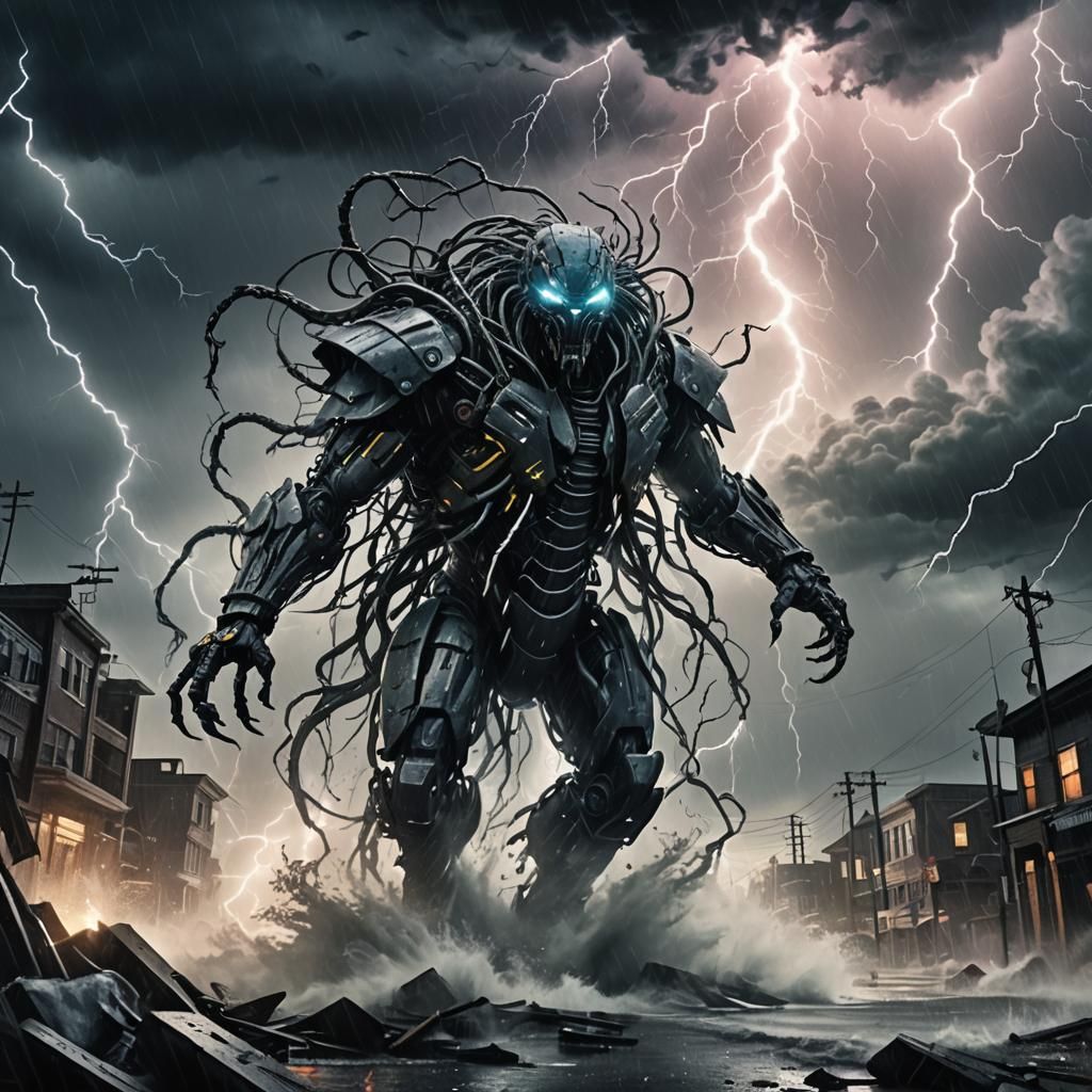 Eldritch Creature Emerges from Cyberpunk Hurricane