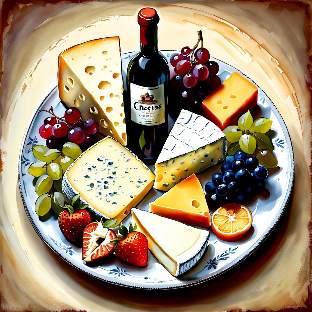 Cheese Art Composition with Wine and Fruit