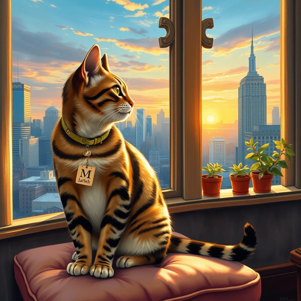 Tabby Cat Contemplates Cityscape at Sunset