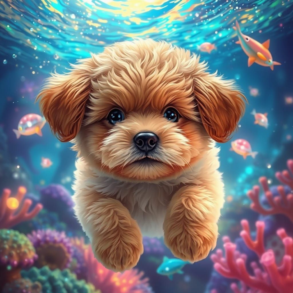 Whimsical Puppy Explores Vibrant Mystical Ocean