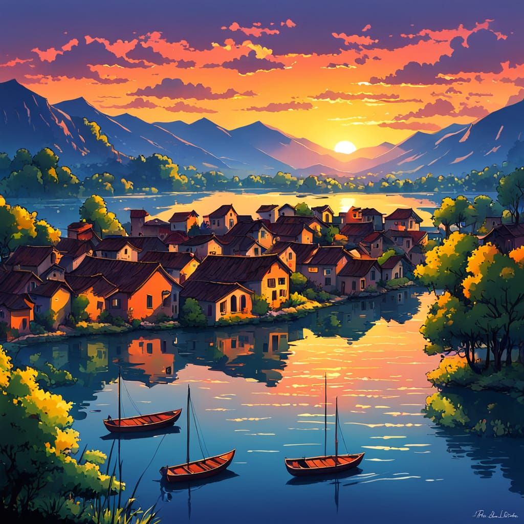 Ancient Lake Town at Sunset in Vibrant Colors
