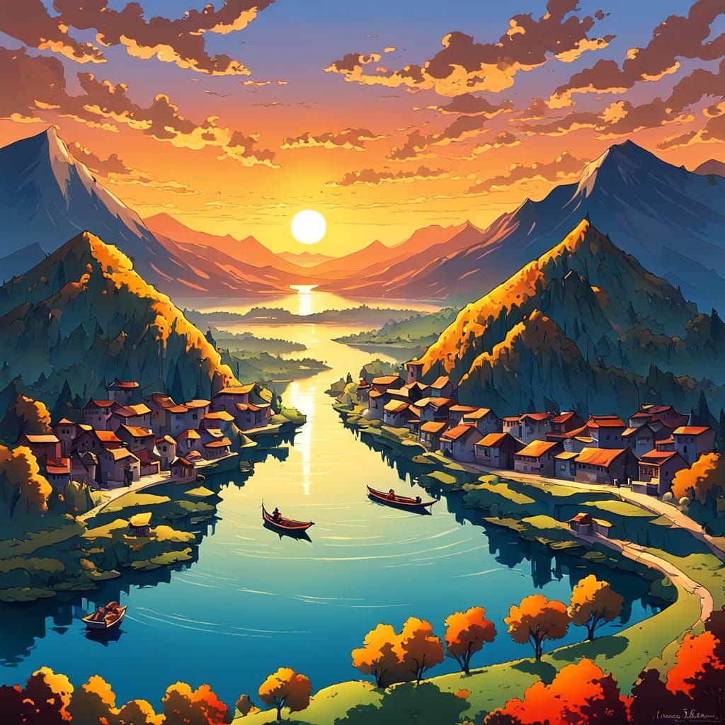 A Whimsical Ancient Town by a Serene Lake in Sunset Hues