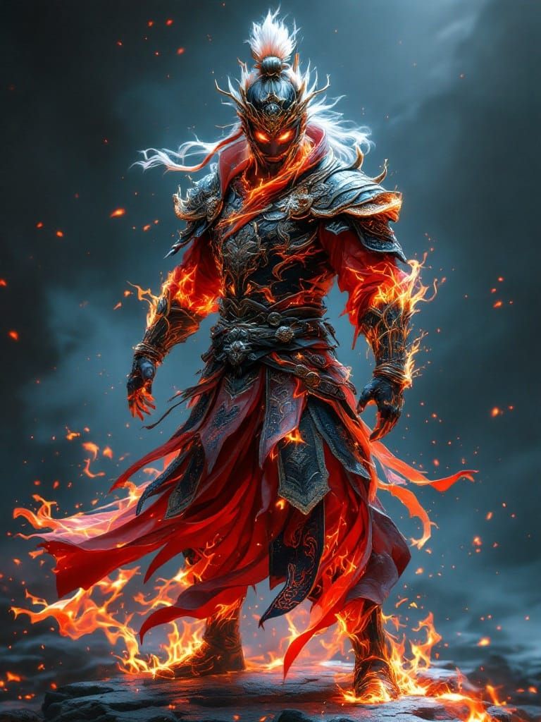 Fiery Chinese Character Portrait in Digital Airbrushing Styl...