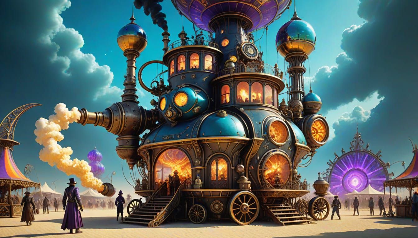 Steampunk Popcorn Maker in Vibrant Burning Man-Inspired Scen...