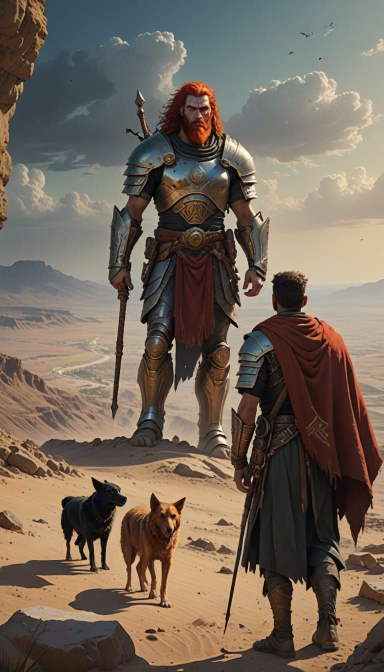 David Confronts Goliath in Ancient Desert Landscape