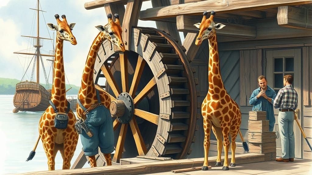 Giraffes Repairing Vintage Waterwheel in Whimsical Landscape