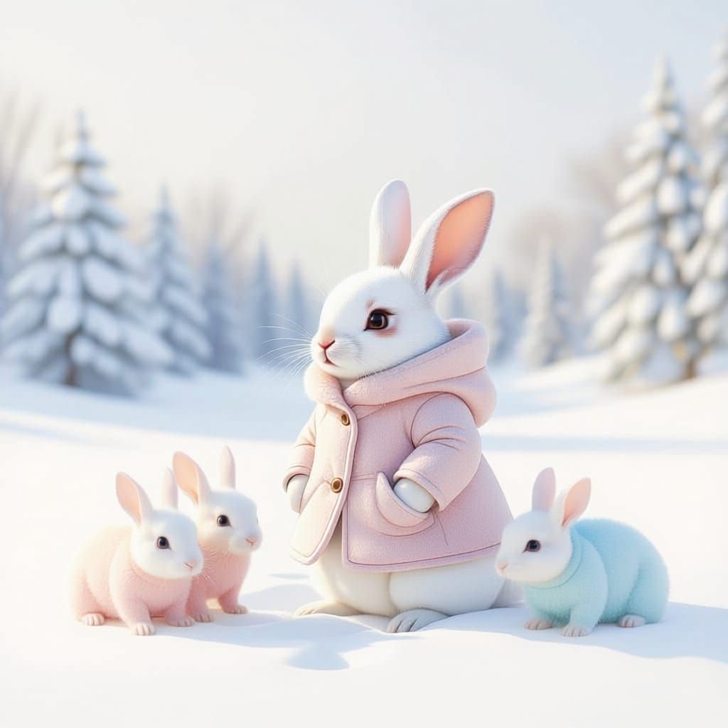 Winter Rabbit Family in Snowy Landscape