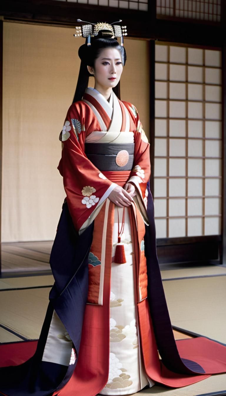 Heian Era Japanese Noblewoman in Palace Courtyard