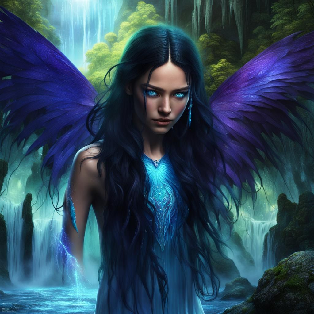 Fantasy Fairy Woman at Waterfall in Digital Painting