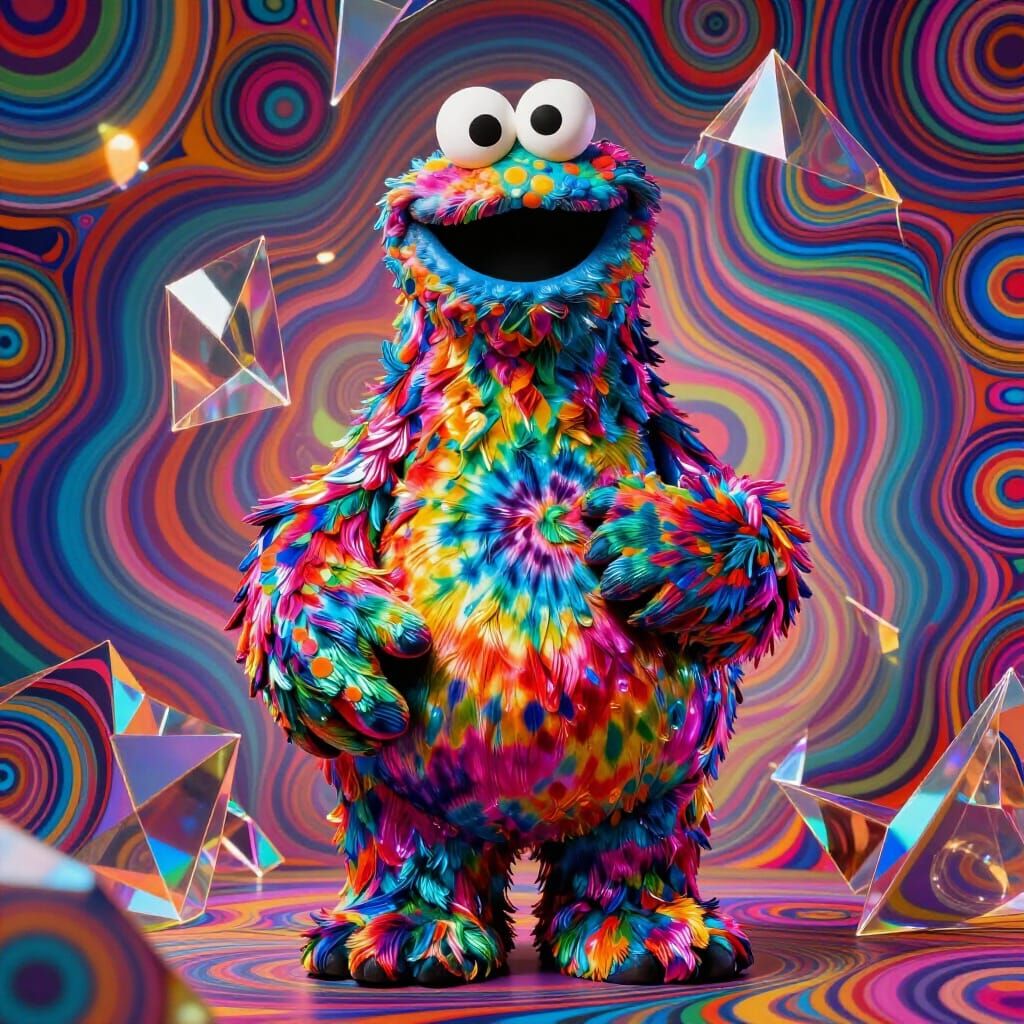 Giant Psychedelic Cookie Monster in Prismatic 3D Collage