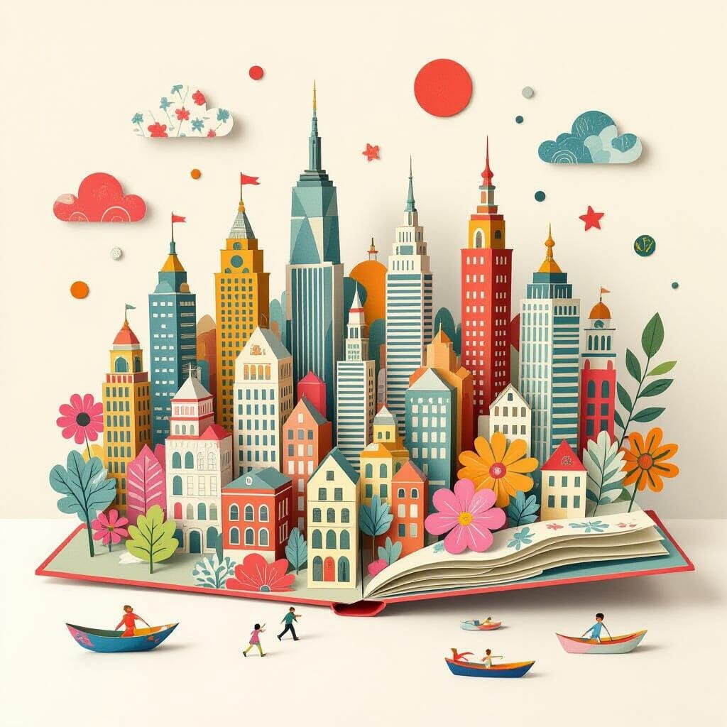 Vibrant Cityscape in Pop-Up Book Style