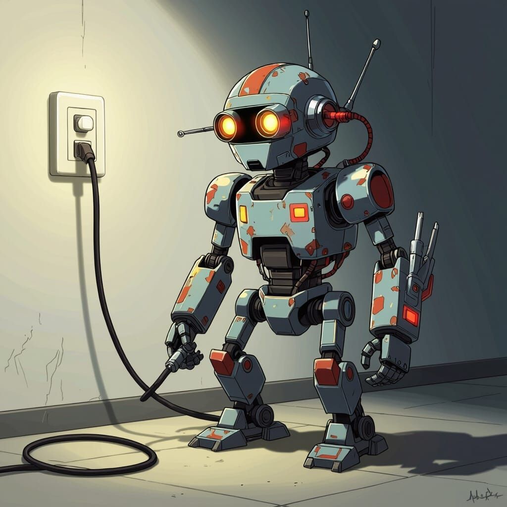 Battered Droid with High-Tech Abilities in Anime Style