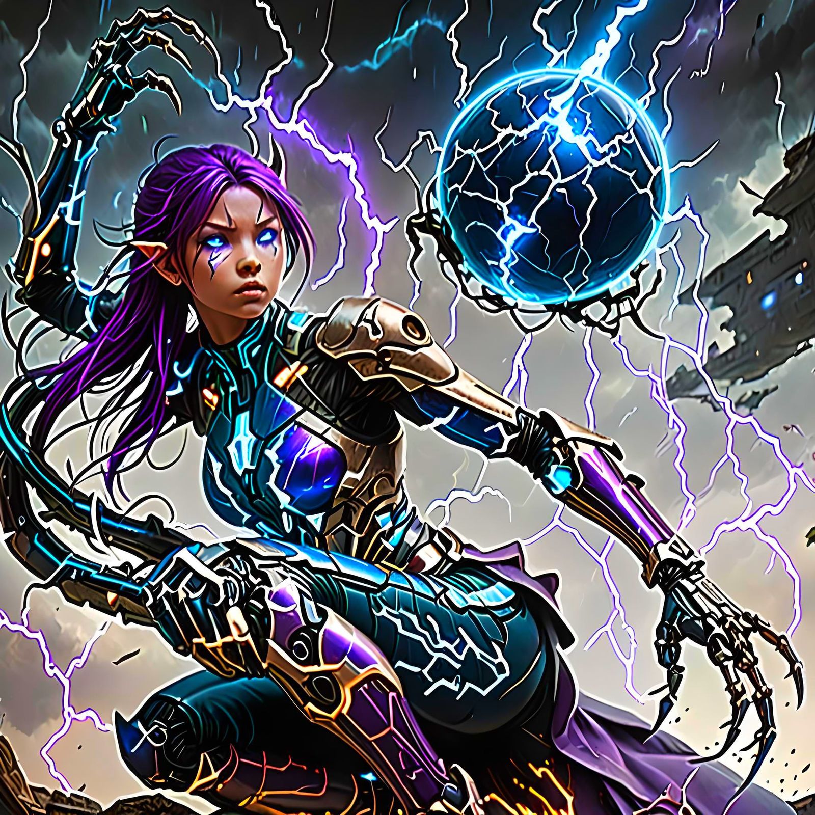 Electric Blue Orb with Cybernetic Figure