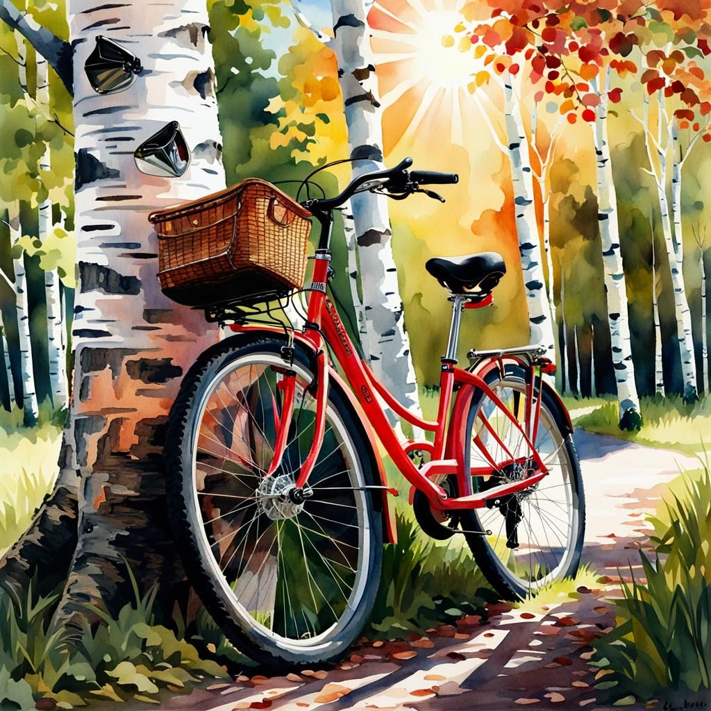 Watercolor Bicycle Leaning Against Birch Tree