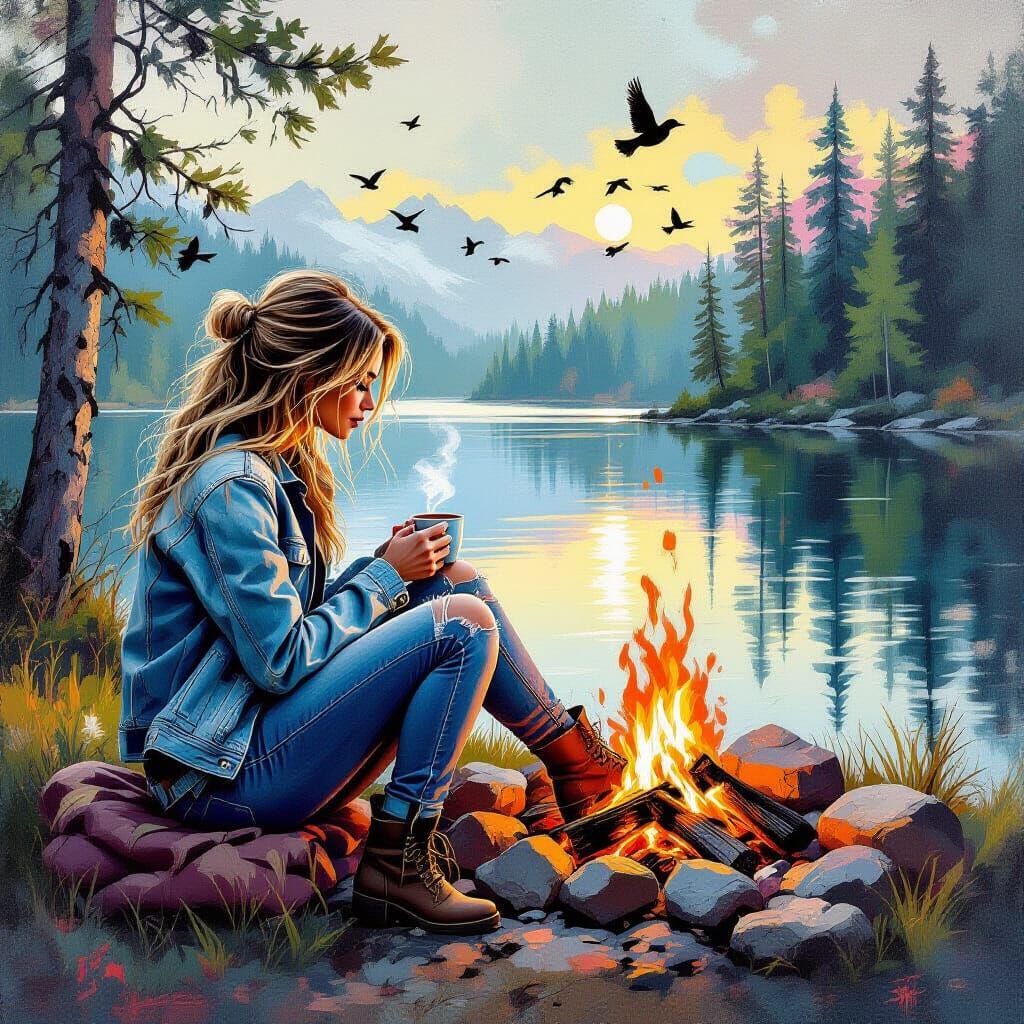 Woman by Lakeside Fire in Graffiti Street Art Style