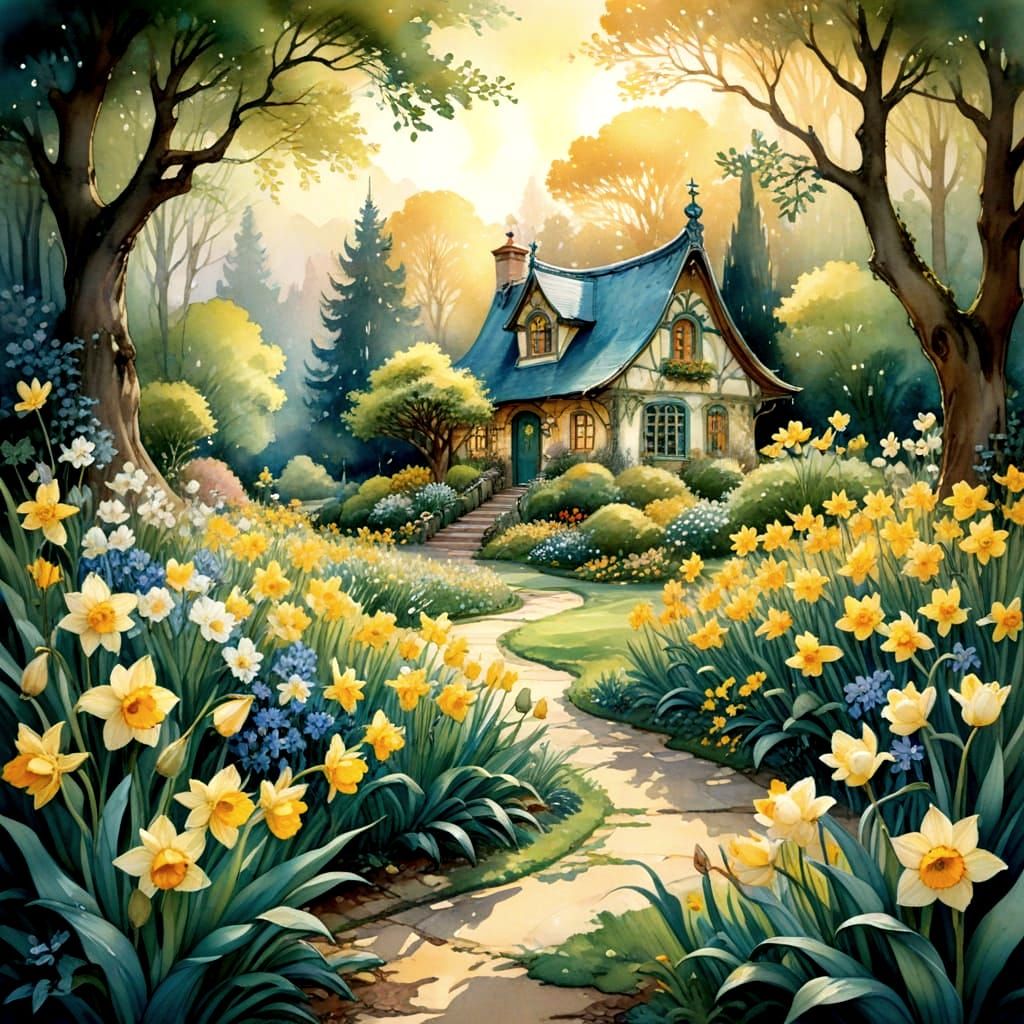 Vibrant Cottage Garden in Painterly Style