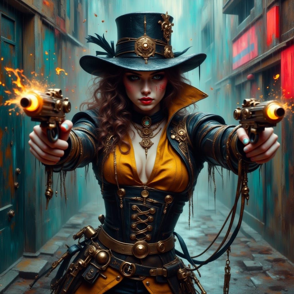 Cyberpunk Steampunk Detective in Neon Alleyway