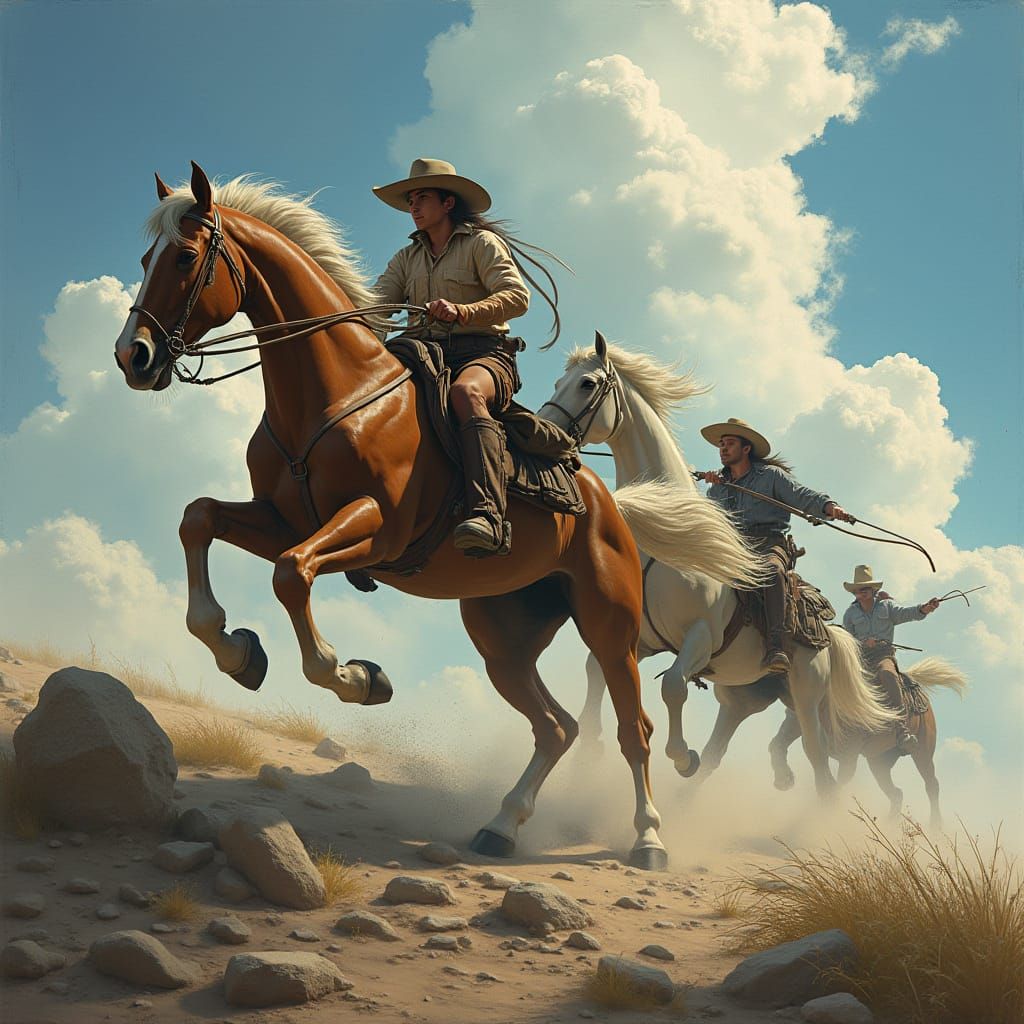 Cowboys Ride Cloud Horses Through Stormy Skies