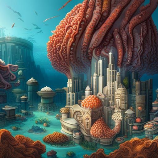 Futuristic Coral Cityscape: Underwater Metropolis Alive with...
