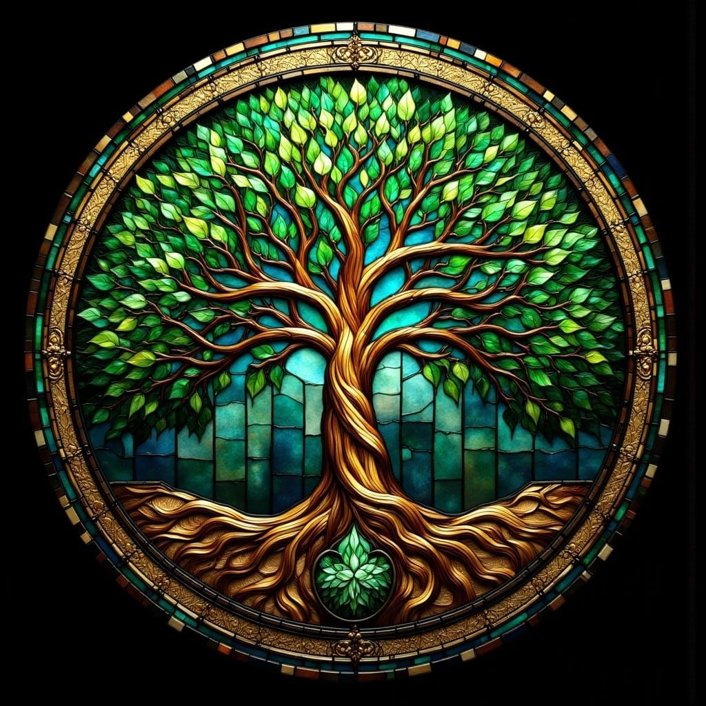 Stunning Celtic Stained Glass Tree of Life in Golden Art Nou...