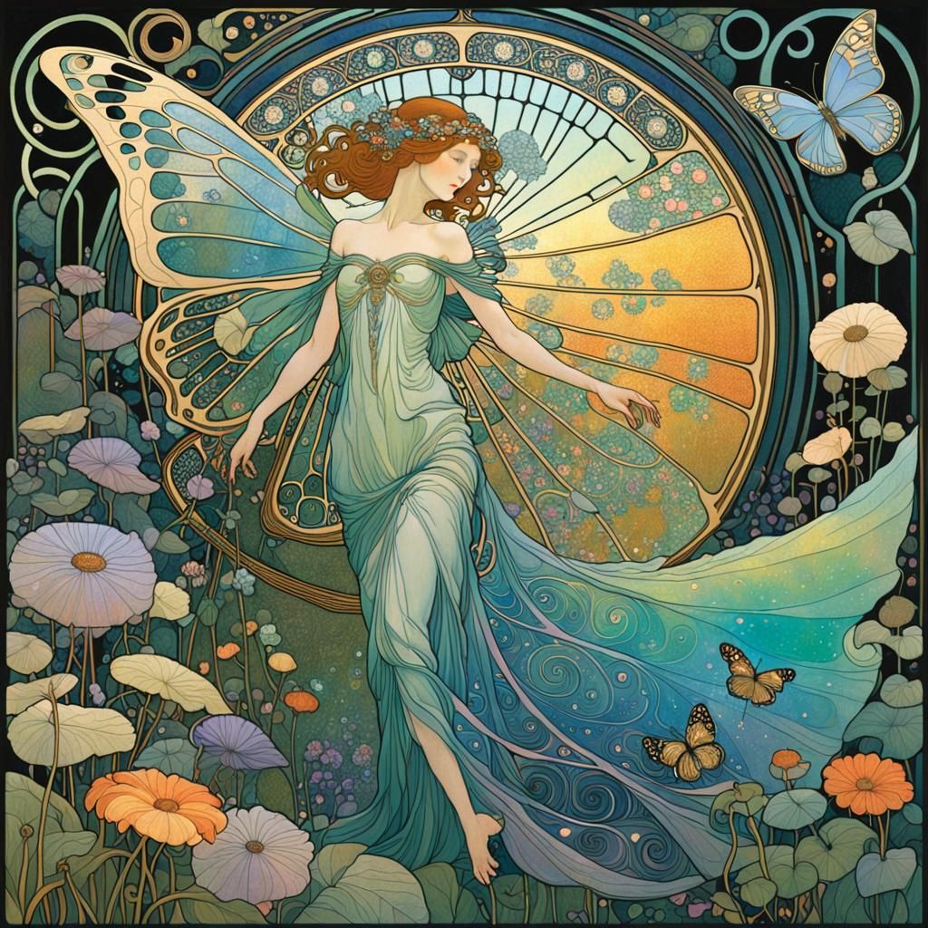 Art by Gustav Klimt, Alphonse Mucha, an ethereal garden scene where every surface is drenched in iridescence, from dew-k...