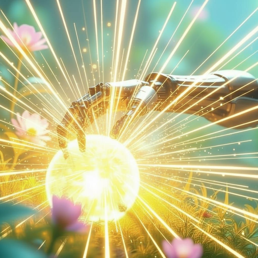 Automaton's Bioluminescent Garden: Painterly Sci-Fi Scene