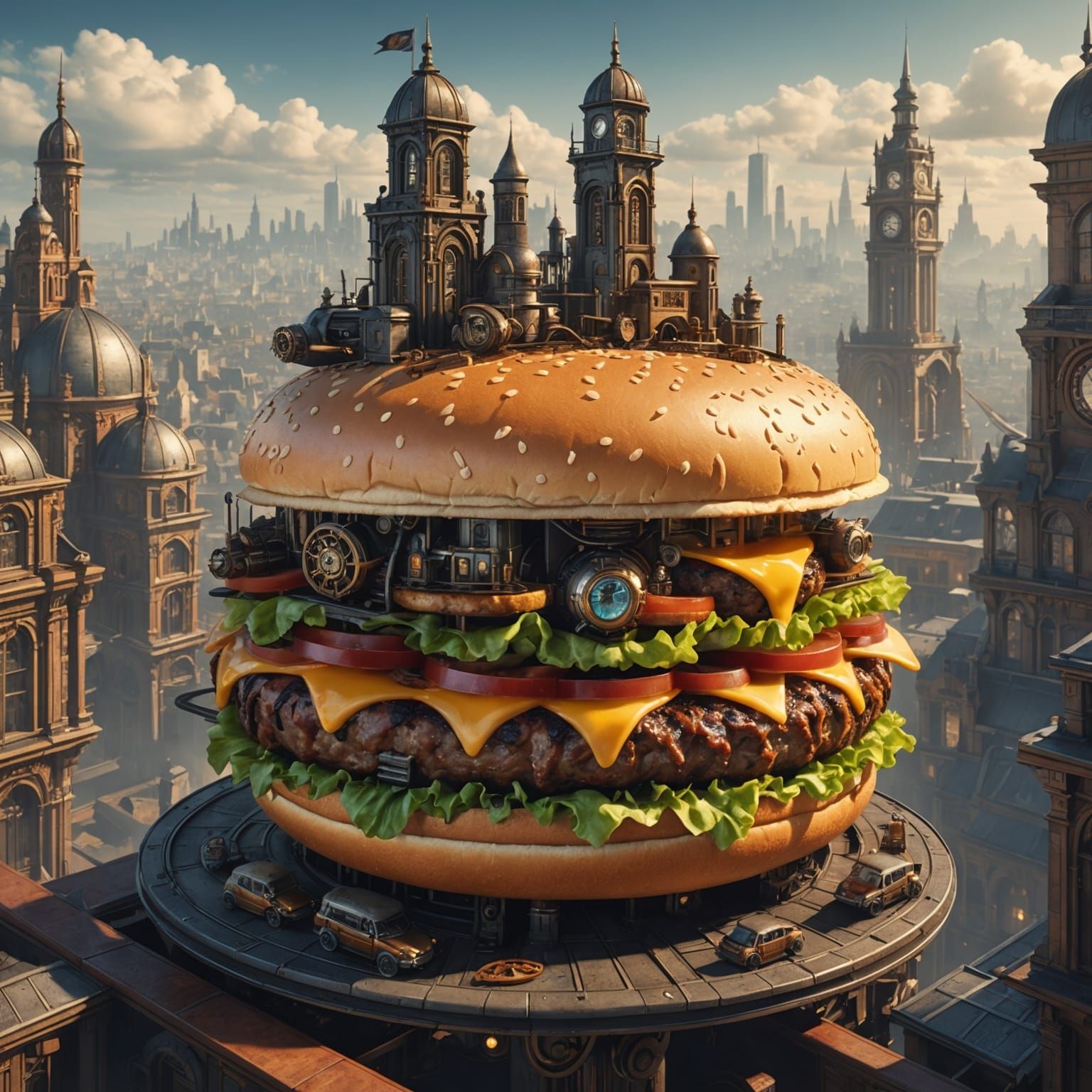 Steampunk City in a Cheeseburger: Digital Illustration