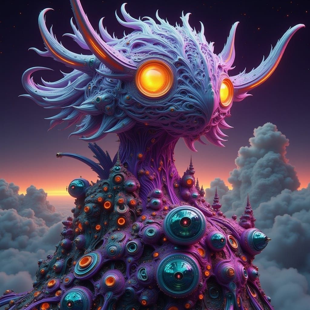 Futuristic Rococo Bird Creature with Neon Spines