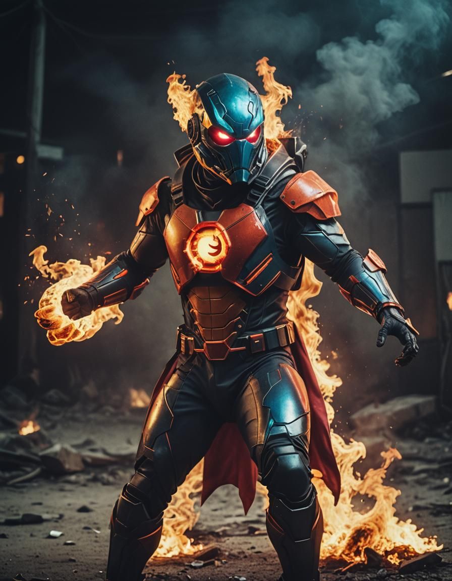 Fish-Headed Superhero Throwing Fireball in Neon Style