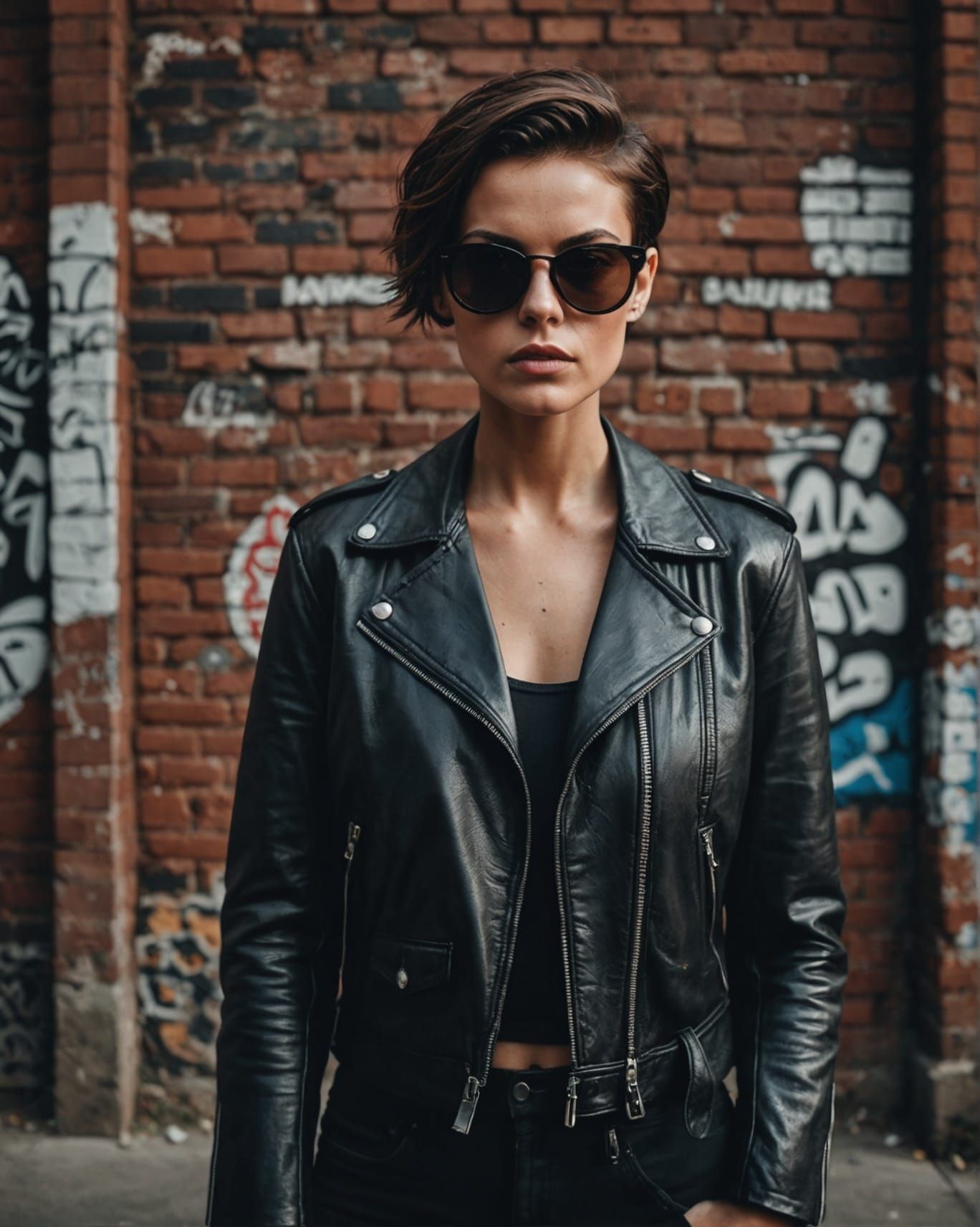 Model in Leather Jacket with Graffiti Background