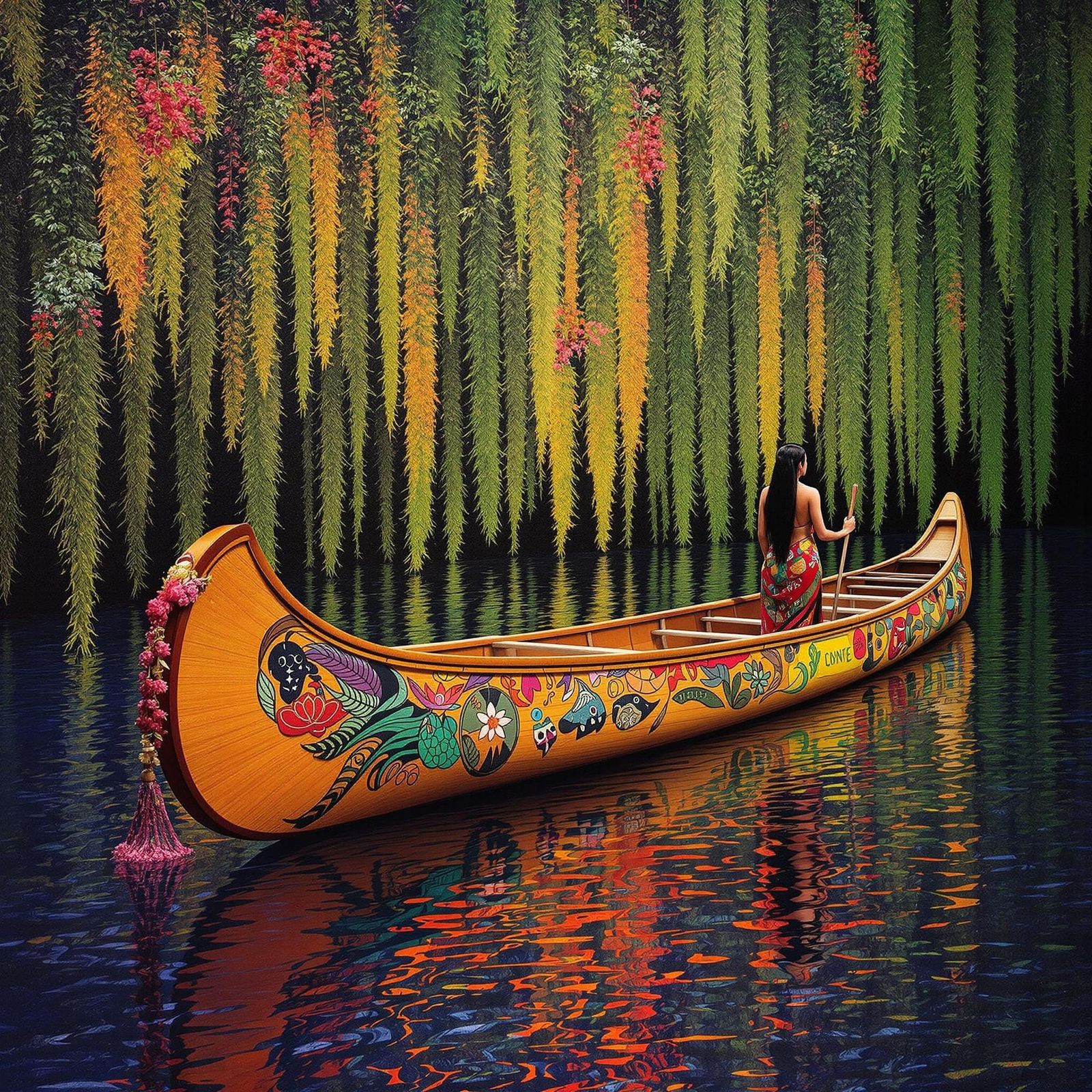 Surreal Nighttime Jungle Scene with Vibrant Canoe in Traditi...