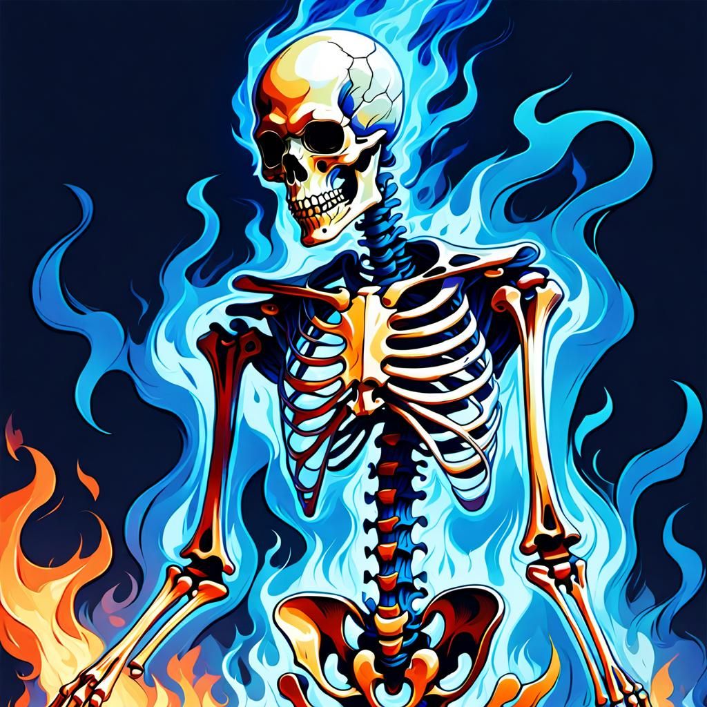 Ghost Skeleton in Blue Flames Cel-Shaded Art