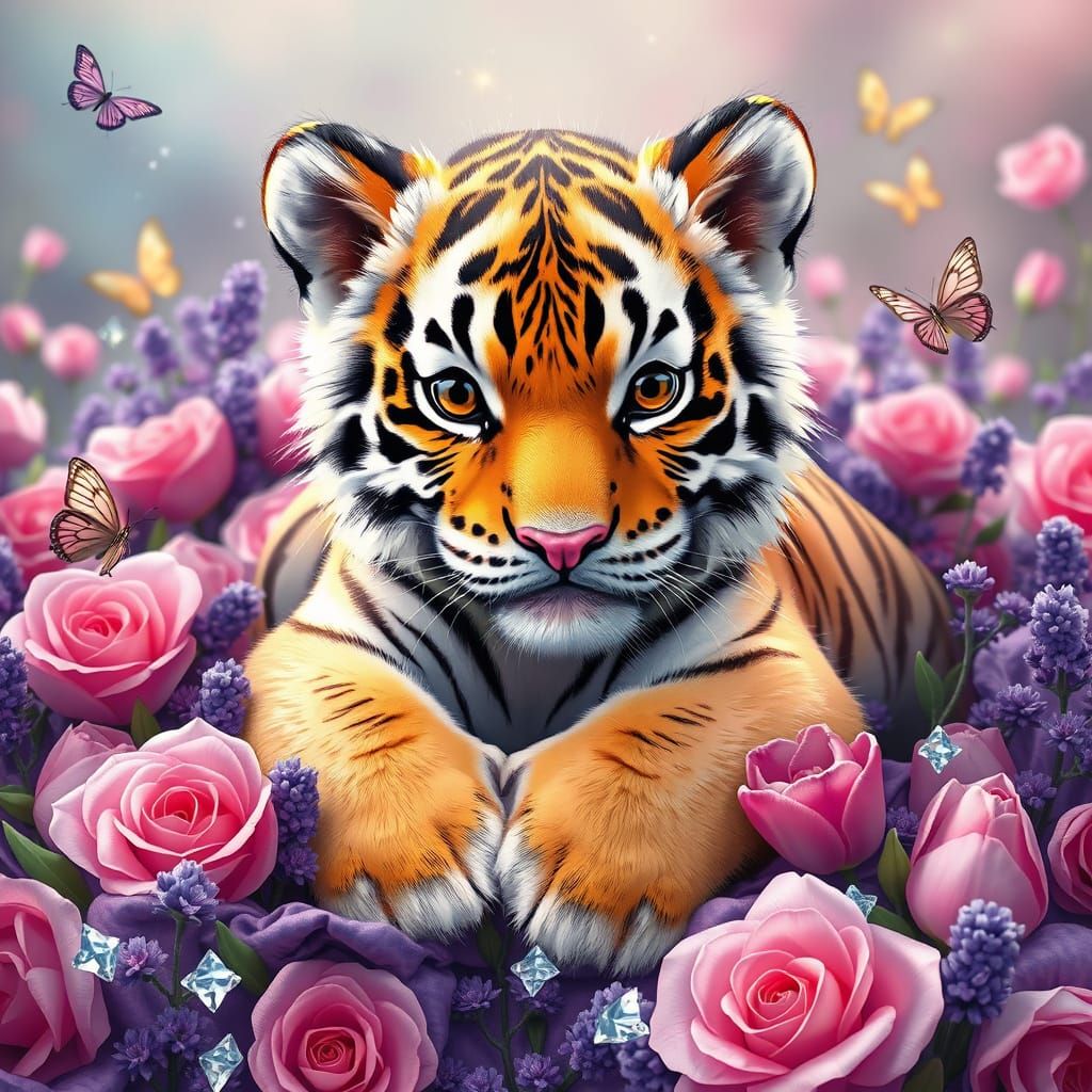 Gigantic, cute whimsical realistic baby tiger in an array of colors, on a bed of flowers, flowers like lavender roses an...