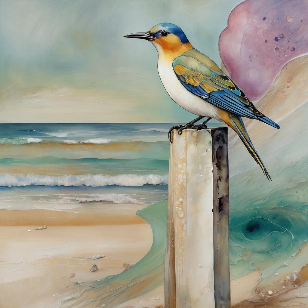 Encaustic Bird on Shell Post, Abstract Art