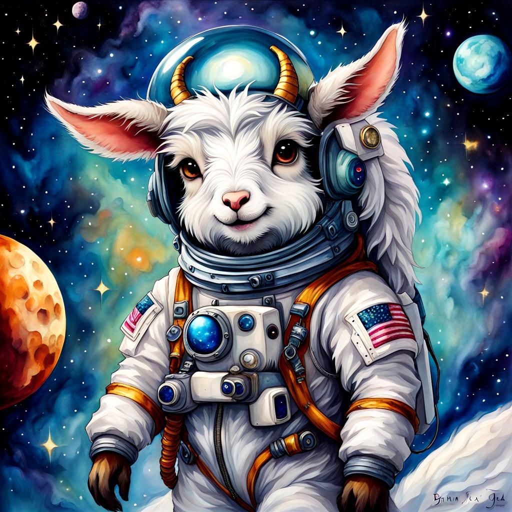 Chibi Goat Astronaut in Space: Alcohol Ink Art