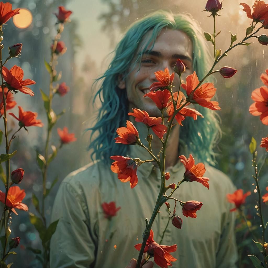 Neon Haired Man Holds Flower: Oil Painting
