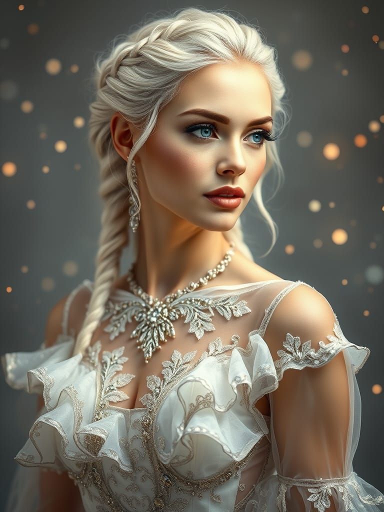 Woman with Platinum Braids in Ethereal Lace Gown