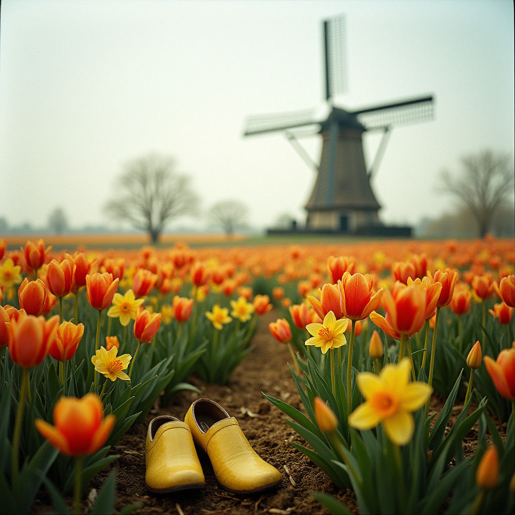 Dutch Windmill and Tulips in Golden Light