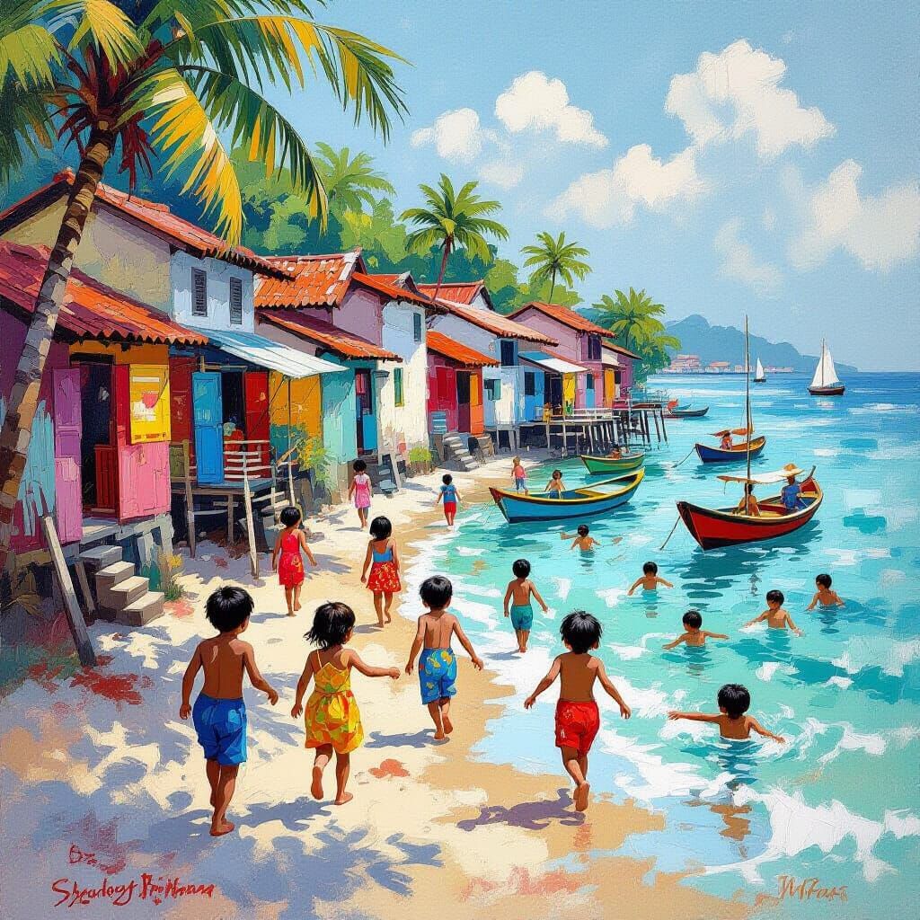 Singapore Fishing Village Life in 1960s Batik Style