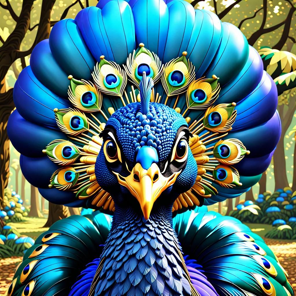 Balloon Peacock in Enchanted Woodland: Surreal 3D Art