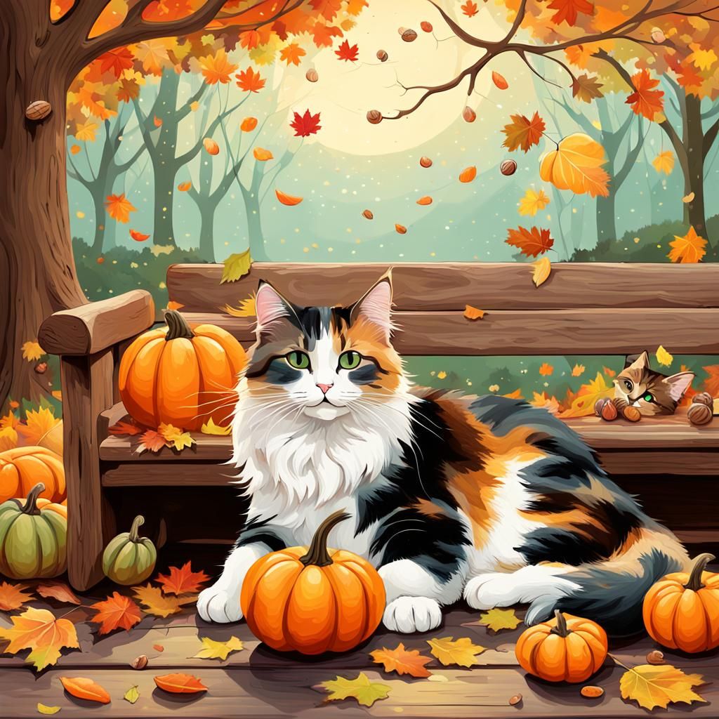 Calico Cats Snuggle on Autumn Bench in Pixar Style